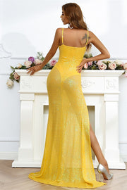 Yellow Sheer Sequin V-Neck High Side Slit Long Evening Dress