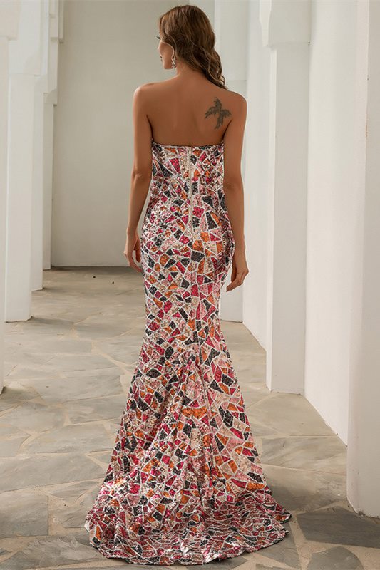 Rainbow Sequin Strapless Side Slit Mermaid Long Evening Dress