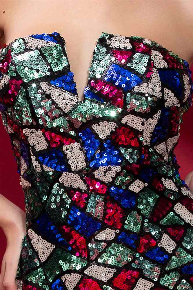 Rainbow Sequin Strapless Side Slit Mermaid Long Evening Dress
