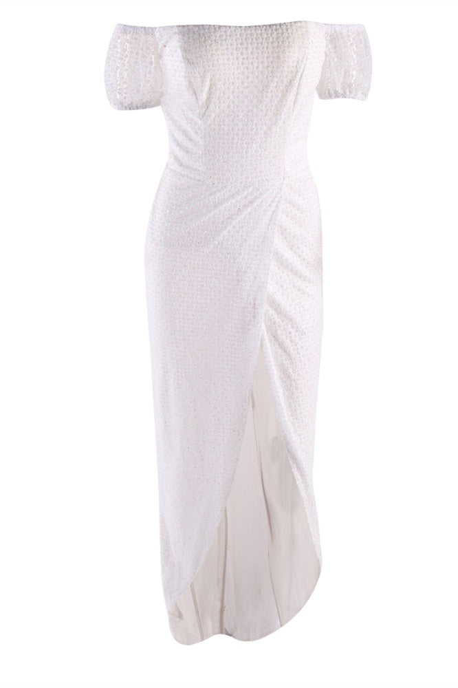 Sweet White Off-the-Shoulder Asymmetrical Slit Long Party Dress