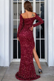 Burgundy Sequin Square Long Sleeve Side Slit Long Evening Dress