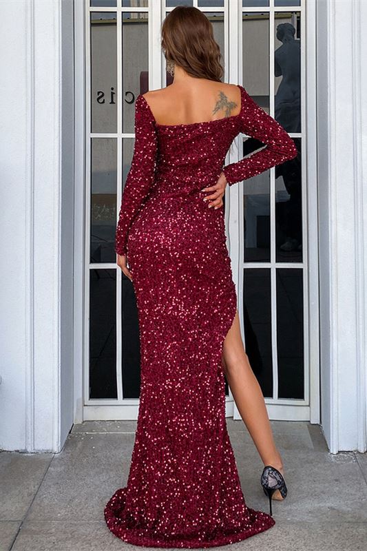 Burgundy Sequin Square Long Sleeve Side Slit Long Evening Dress