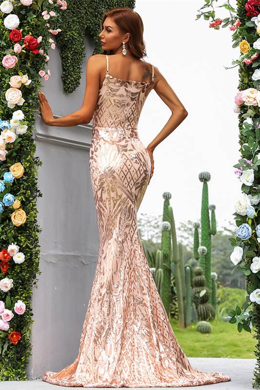 Rose Golden Sequin Spaghetti Strap Mermaid Long Formal Dress