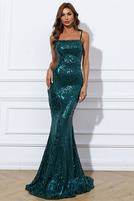 Rose Golden Sequin Spaghetti Strap Mermaid Long Formal Dress