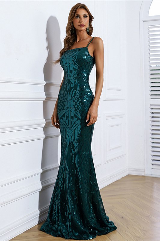 Rose Golden Sequin Spaghetti Strap Mermaid Long Formal Dress