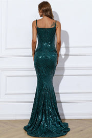 Rose Golden Sequin Spaghetti Strap Mermaid Long Formal Dress