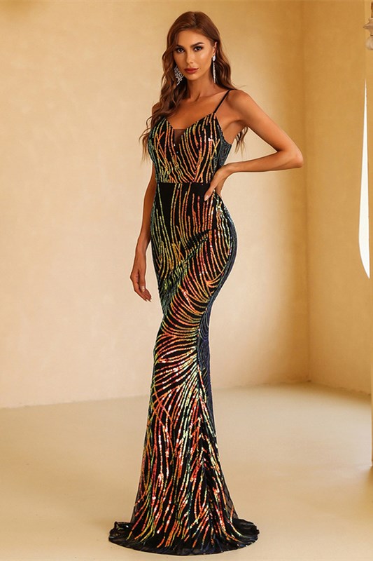 Black Multi Sequin Backless Mermaid Long Evening Dress
