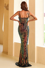 Black Multi Sequin Backless Mermaid Long Evening Dress