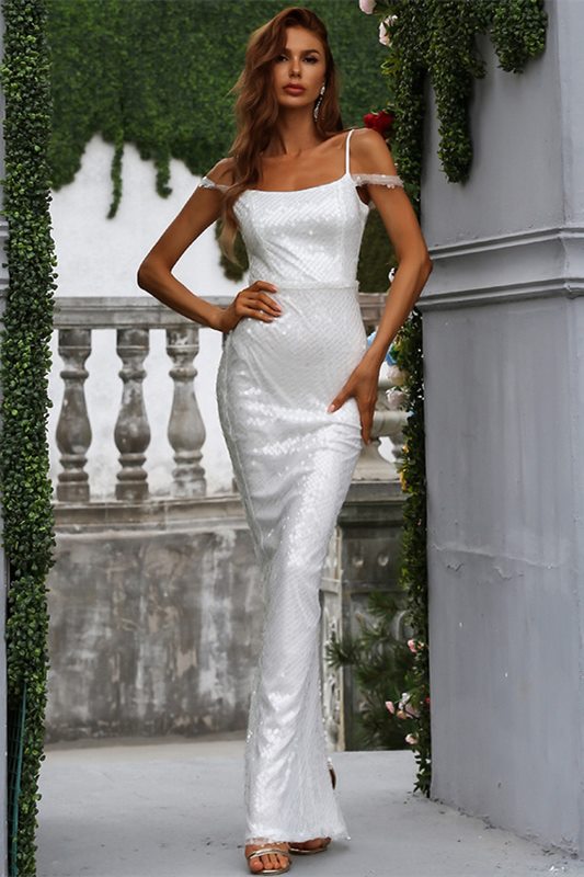 White Sequin Spaghetti Strap Mermaid Long Formal Dress