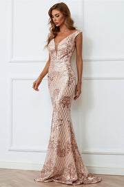 Champagne Sequin V-Neck Body Conscious Long Evening Dress