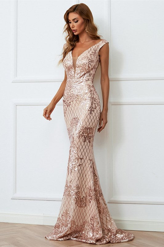 Champagne Sequin V-Neck Body Conscious Long Evening Dress Modsele Champagne Sequin V-Neck Body Conscious Long Evening Dress Modsele