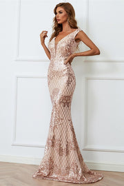 Champagne Sequin V-Neck Body Conscious Long Evening Dress