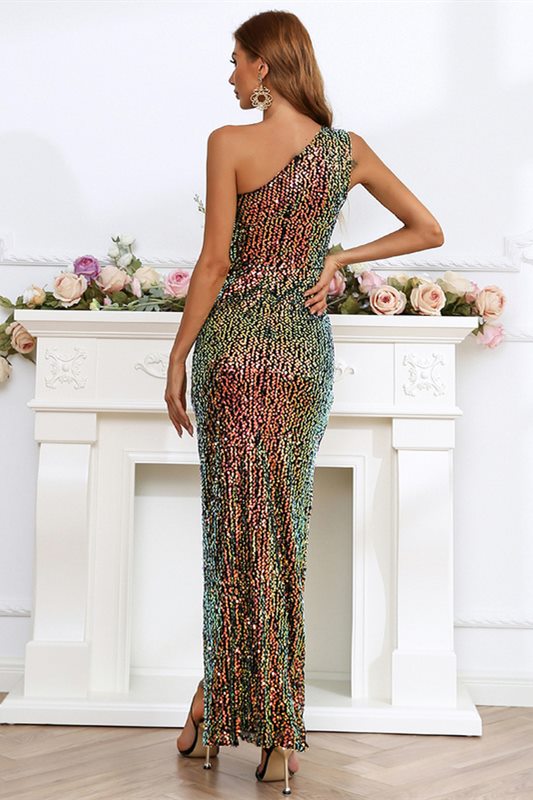 Black Multi Sequin One-Shoulder Slit Mermaid Long Formal Dress
