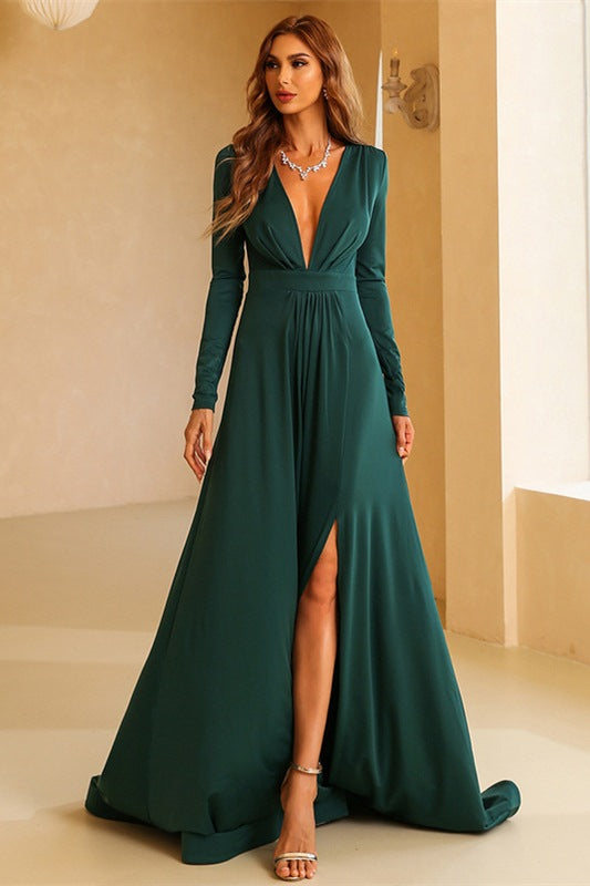 Raspberry V-Neck Long Sleeve A-Line Long Evening Dress – Modsele