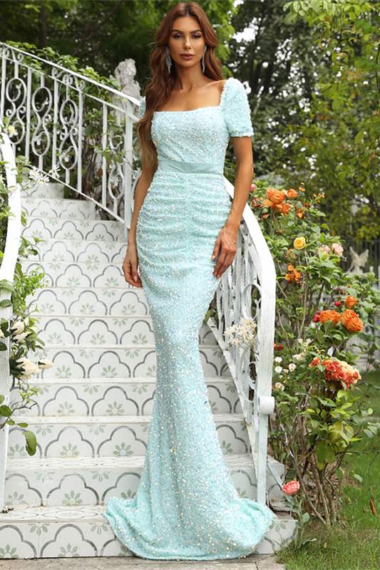 Mint Green Sequin Square Short Sleeve Mermaid Long Formal Dress Modsele Mint Green Sequin Square Short Sleeve Mermaid Long Formal Dress Modsele