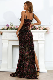Black Multi Sequin V-Neck Side Slit Long Evening Dress