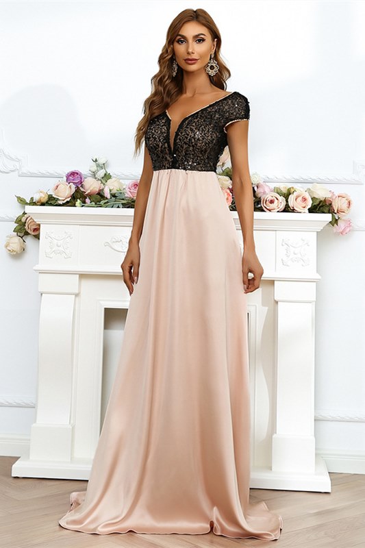 Champagne Sequin Chiffon V-Neck Backless Long Evening Dress Modsele Champagne Sequin Chiffon V-Neck Backless Long Evening Dress Modsele