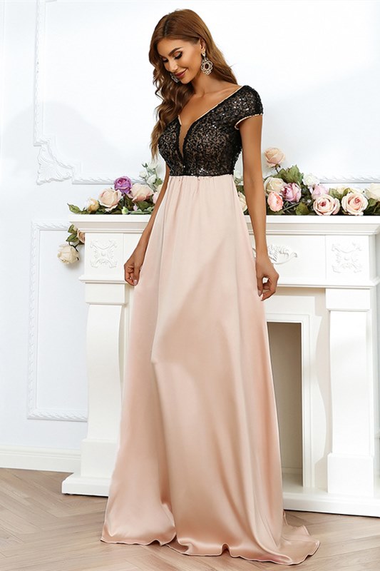 Champagne Sequin Chiffon V-Neck Backless Long Evening Dress