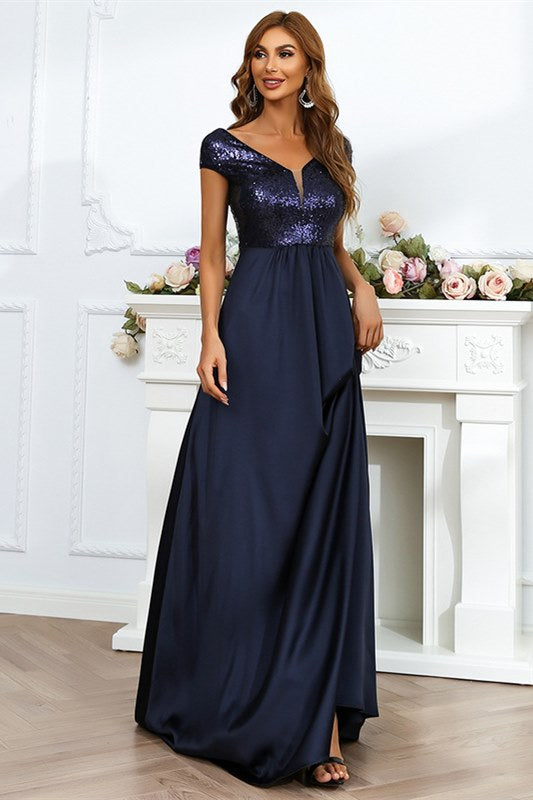 Champagne Sequin Chiffon V-Neck Backless Long Evening Dress