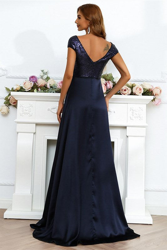 Champagne Sequin Chiffon V-Neck Backless Long Evening Dress
