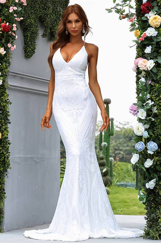 white backless mermaid prom dress Simple White Mermaid Backless Boho Wedding Dress main image 1