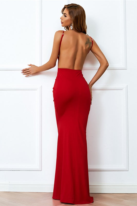 Red V-Neck Backless Mermaid Long Evening Dress