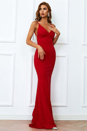 Red V-Neck Backless Mermaid Long Evening Dress