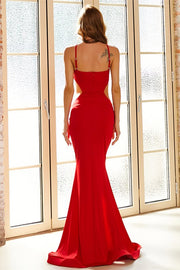 Red Halter Cutout Backless Long Evening Dress