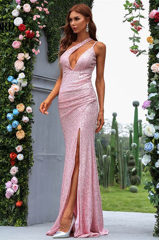 Pink Sequin One-Shoulder Cutout  Mermaid Long Evening Dress