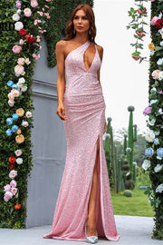 Pink Sequin One-Shoulder Cutout  Mermaid Long Evening Dress