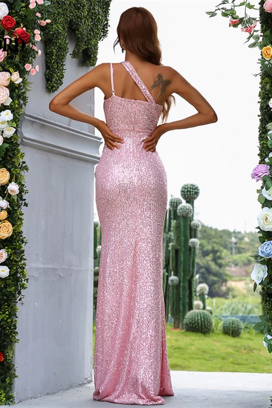 Pink Sequin One-Shoulder Cutout  Mermaid Long Evening Dress