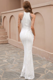 Glamorous White Sequin Halter Fringe Mermaid Long Evening Dress