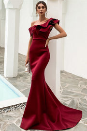 Burgundy Off-the-Shoulder Ruffled Mermaid Long Evening Dress