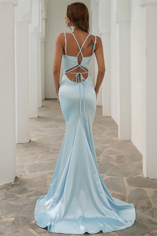 Light Blue Satin V-Neck Lace-Up Mermaid Long Evening Dress