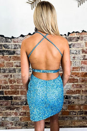 Blue Sequined Sweetheart Backless Mini Party Dress