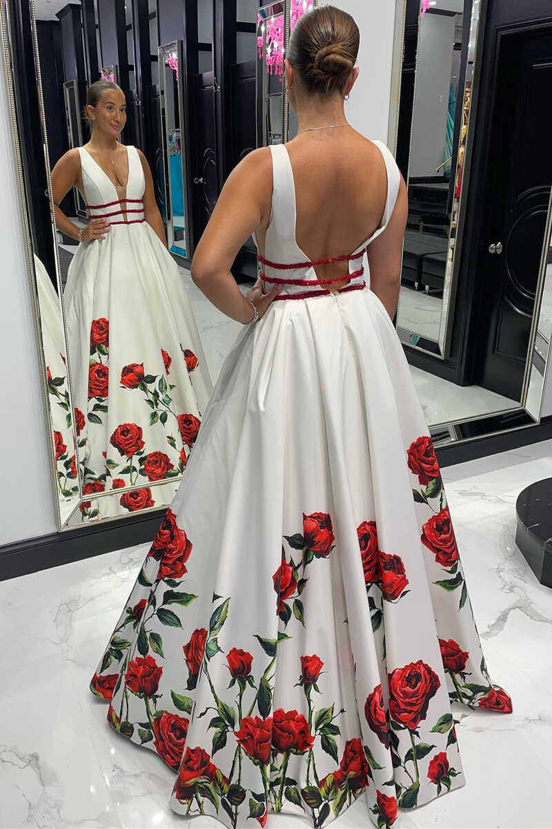 Rose Print Plunge V Backless A-Line Long Formal Dress