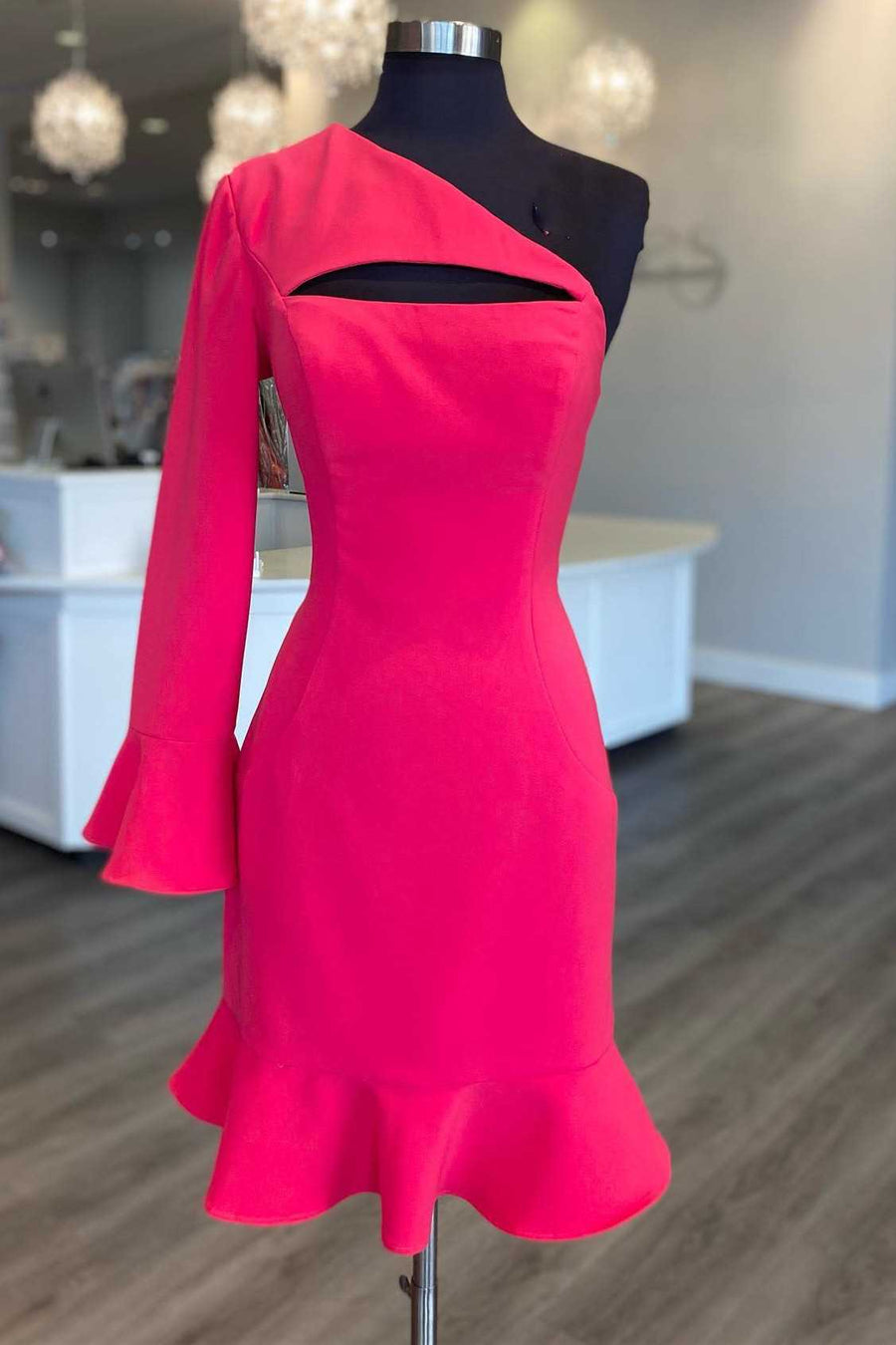 Neon Pink One-Sleeve Keyhole Mermaid Cocktail Gown