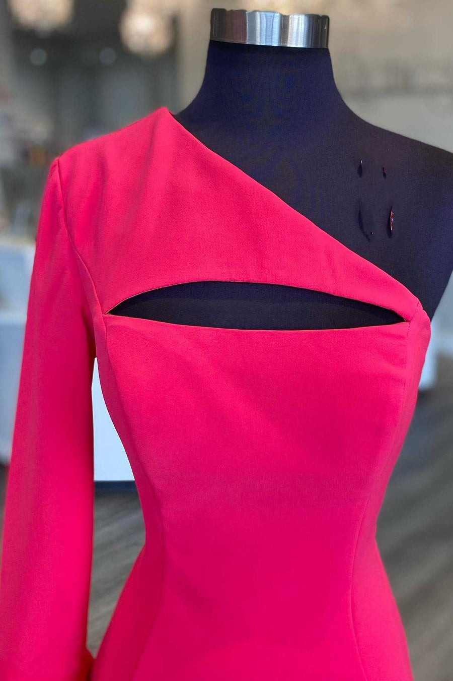 Neon Pink One-Sleeve Keyhole Mermaid Cocktail Gown