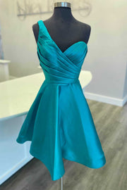 One-Shoulder Teal Blue Ruched A-Line Homecoming Dress