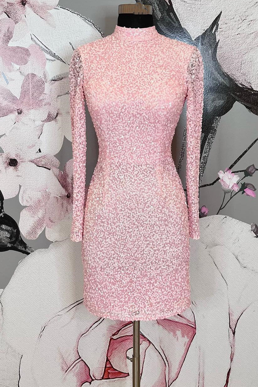 Pink Sequin Long Sleeve Backless Mini Homecoming Dress