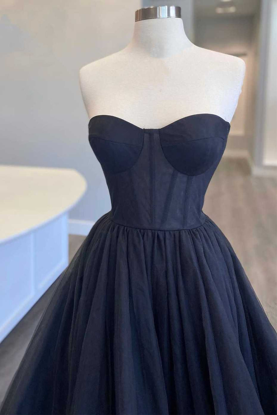 Black Strapless Multi-Tiered A-Line Prom Gown