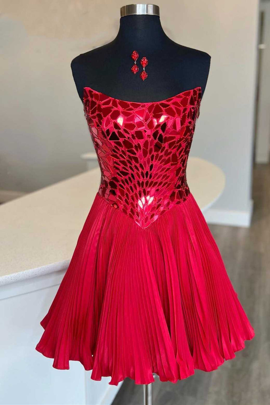 Red Cut Glass Mirror Strapless A-Line Gathered Party Dress
