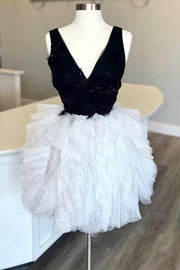 Black and White V-Neck Multi-Tiered Homecoming Dress