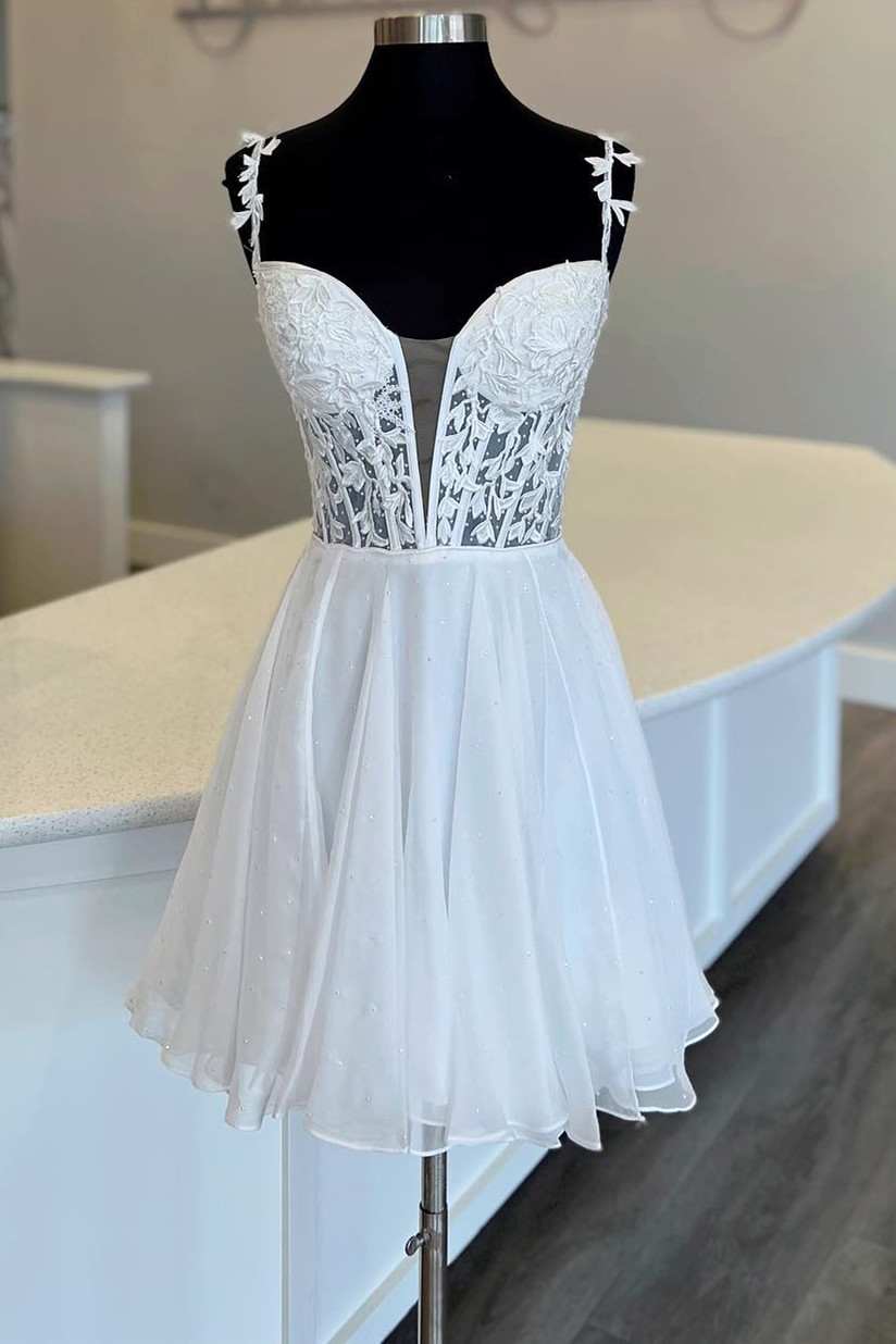 A-Line White Plunging Neck Homecoming Dress