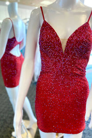 Red Beaded Spaghetti Strap Backless Tight Homecoming Dress