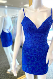 Royal Blue Appliques V-Neck Backless Tight Homecoming Dress