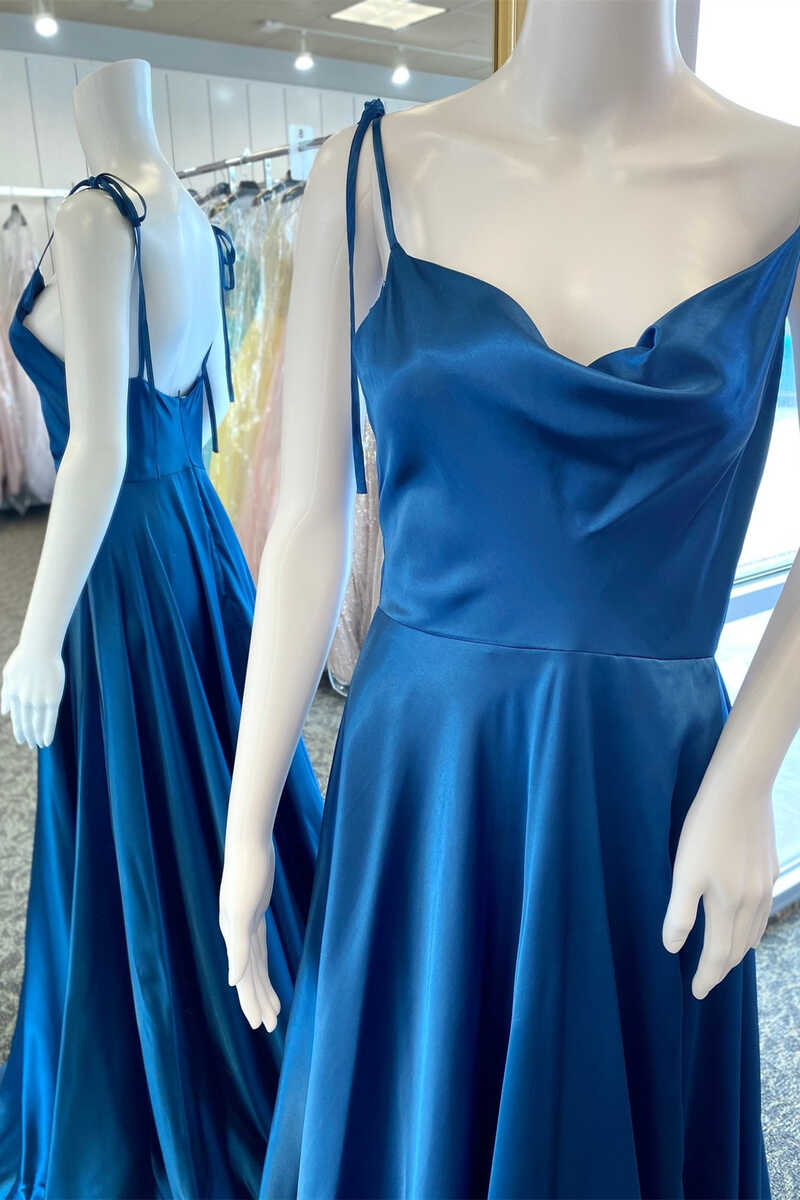Blue Satin Cowl Neck Tie-Strap A-Line Long Formal Dress