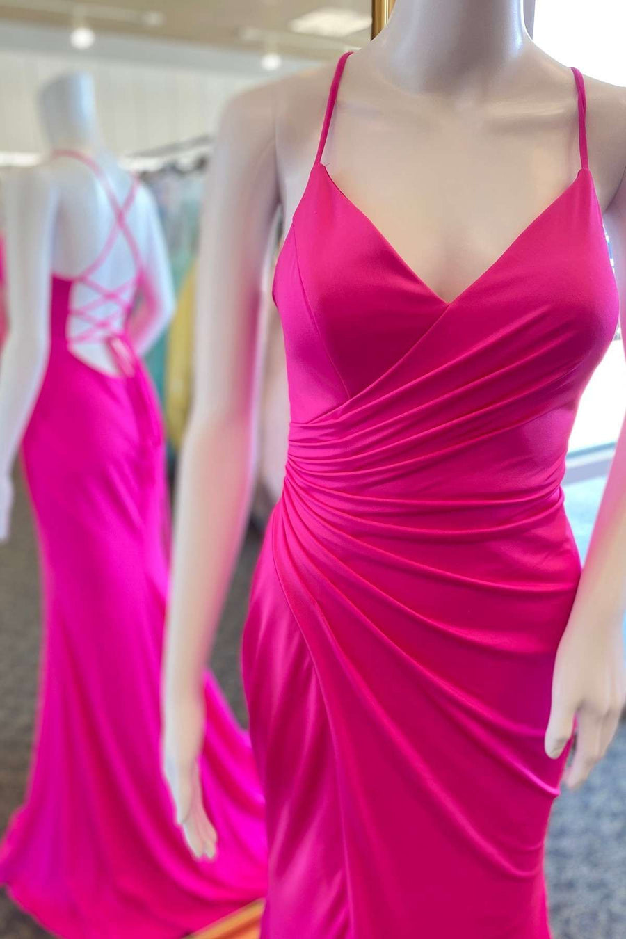 Neon Pink Ruched Lace-Up Mermaid Long Formal Dress