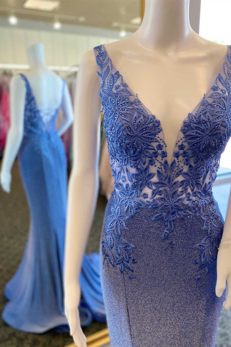 Elegant Periwinkle Plunge V Mermaid Long Formal Gown