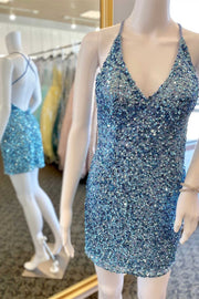 Blue Sequin V-Neck Backless Short Homecoming Dress